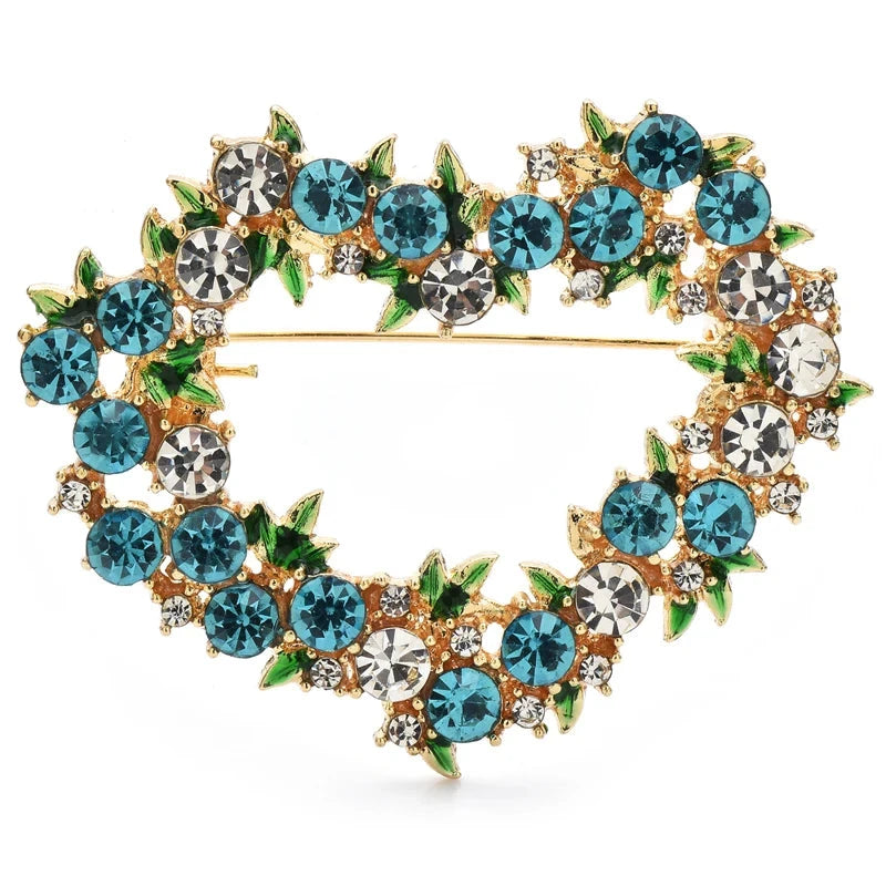 Jeweled Floral Heart Wreath Brooch — Blue