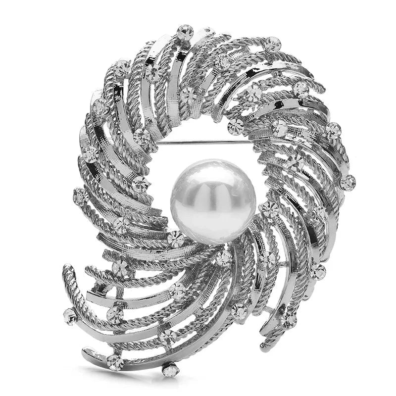 Spiral Wreath with Pearl-Look Center Brooch — Silver