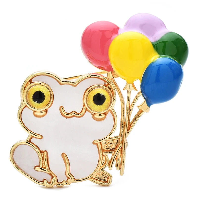 Enamel Frog Holding Colorful Balloons Brooch — Frog & Balloons