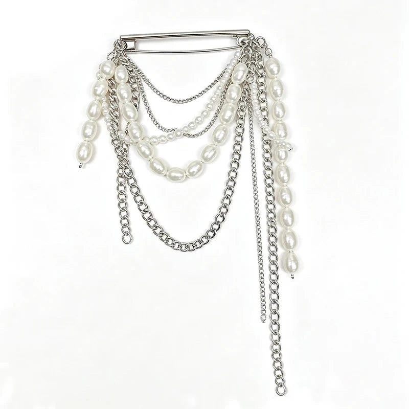 Draped Chain and Pearl-Look-Accent Pin Brooch original white background product photo