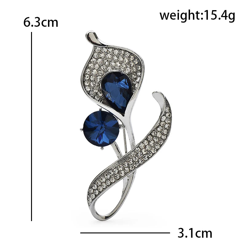 Faceted Calla Lily with Jeweled Curved Leaves Brooch — dimensions