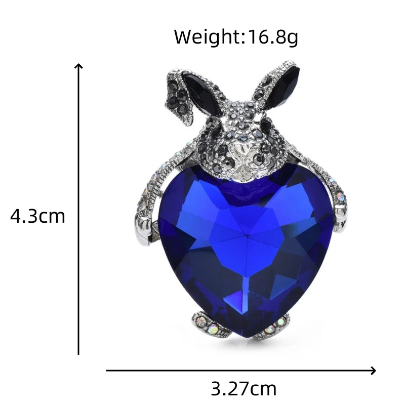 Rabbit Hugging Blue Heart Crystal Brooch — dimensions