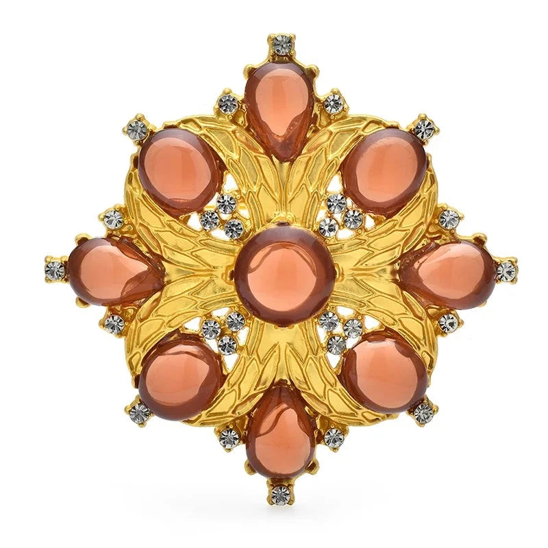 Amber-Tone Faceted Floral Medallion Brooch — Amber Floral Medallion
