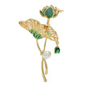 Golden Lotus with Pearl-Look Drops Brooch — Green & Gold