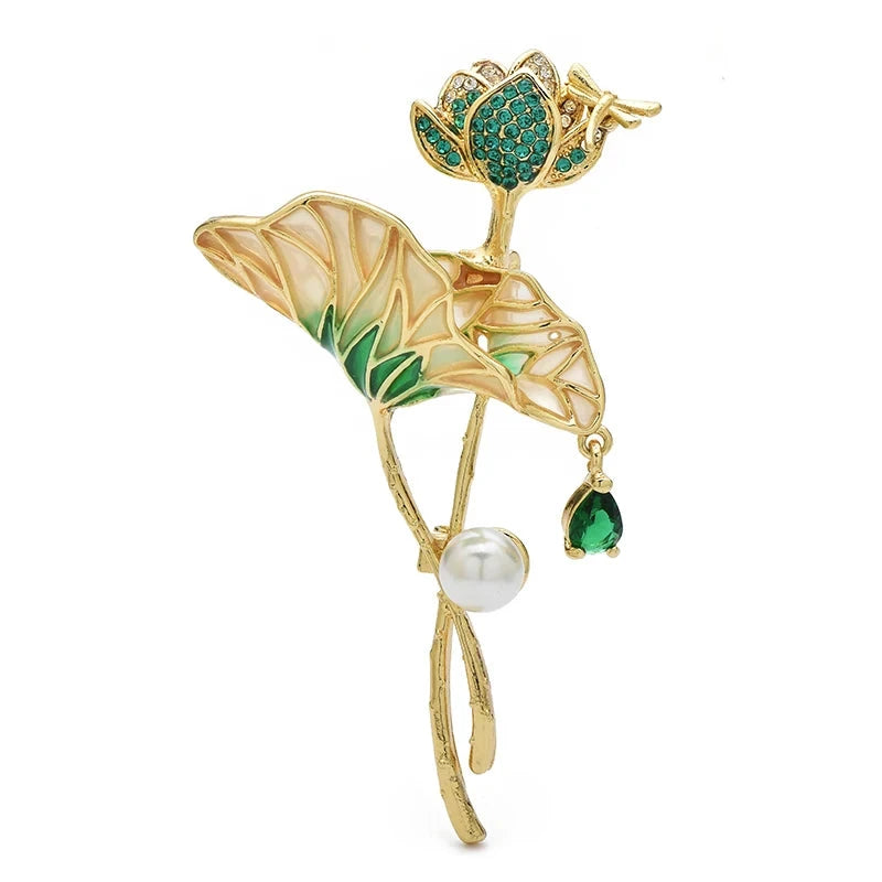 Golden Lotus with Pearl-Look Drops Brooch — Green & Gold