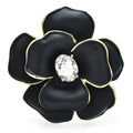 Classic Enamel Camellia with Rhinestone Center Brooch — Black