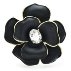 Classic Enamel Camellia with Rhinestone Center Brooch — Black