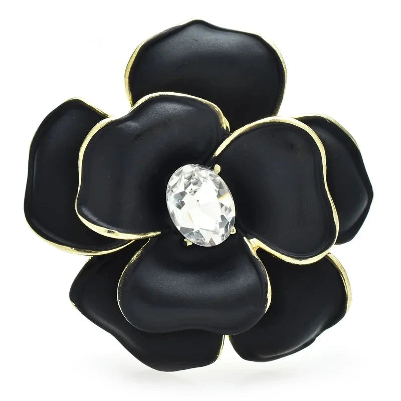 Classic Enamel Camellia with Rhinestone Center Brooch — Black