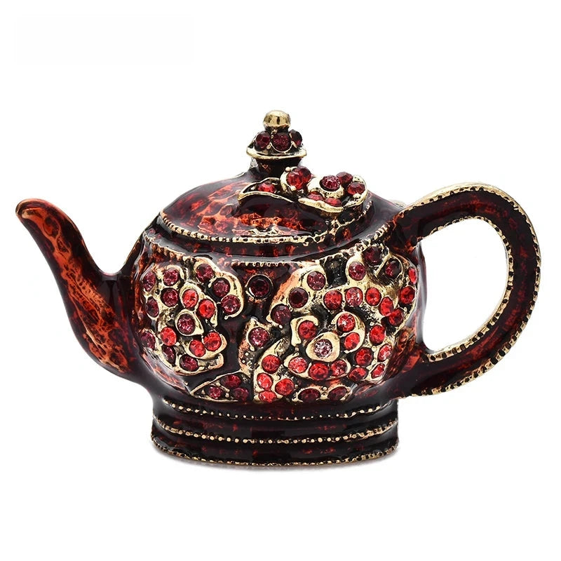 Ornate Enamel Teapot Brooch — Red