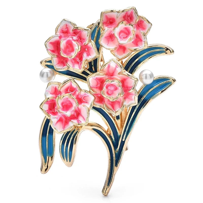 Enamel Peony Flower Spray Brooch — Pink