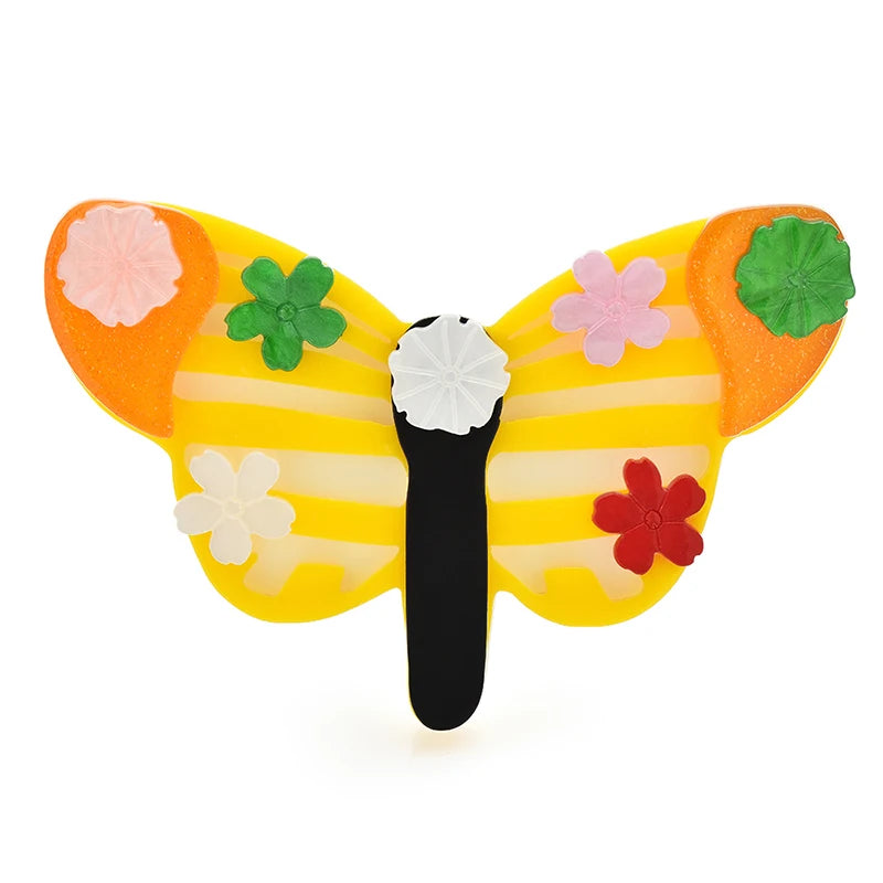 Floral Striped Acrylic Butterfly Brooch — Yellow