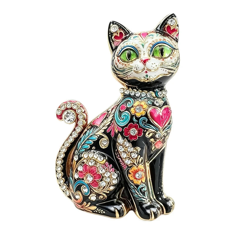 Painted Floral Cat with Rhinestones Brooch