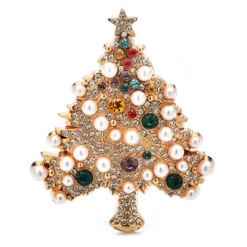 Pearl-Look Christmas Tree with Jeweled Ornaments Brooch — Jeweled Christmas Tree