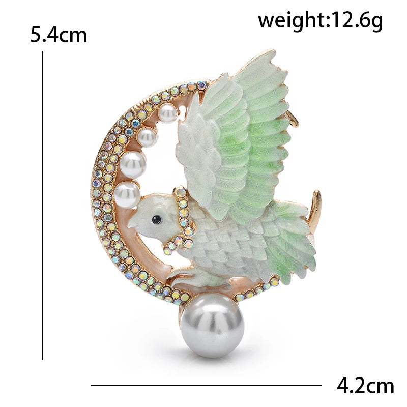 Enamel Flying Bird with Crescent and Pearl-Look Beads Brooch — dimensions