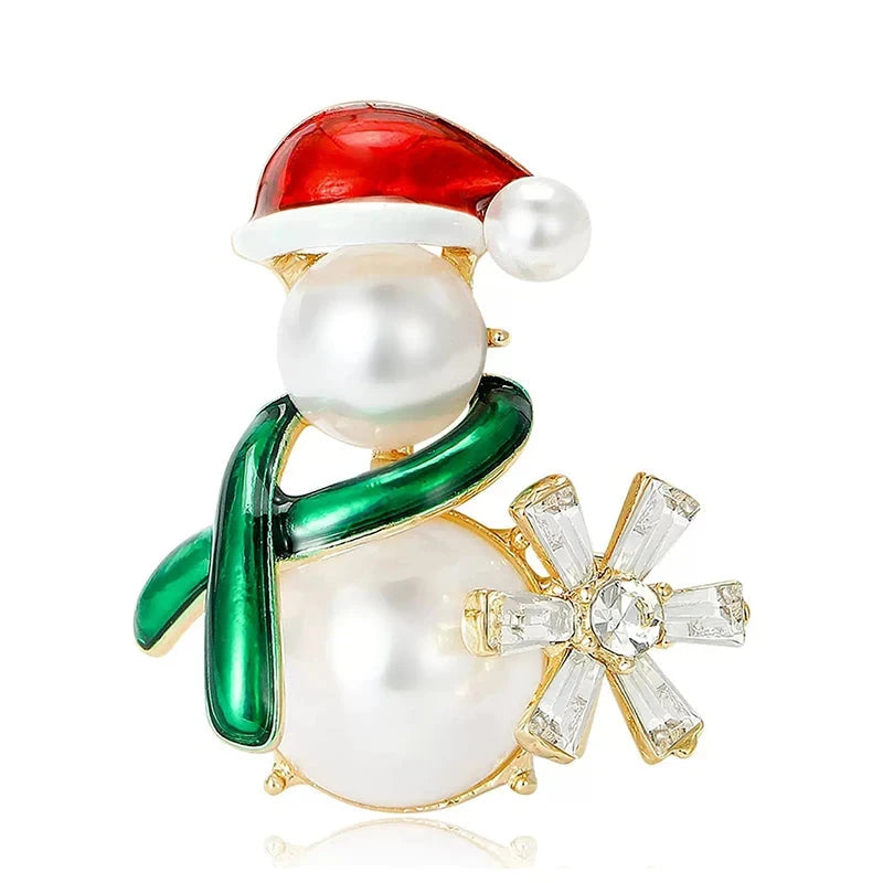 Pearl-Look Snowman with Green Scarf Brooch — Snowman & Green Scarf