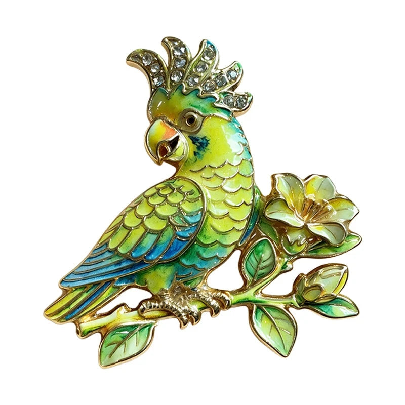 Crested Parrot on Flowering Branch Brooch original white background product photo