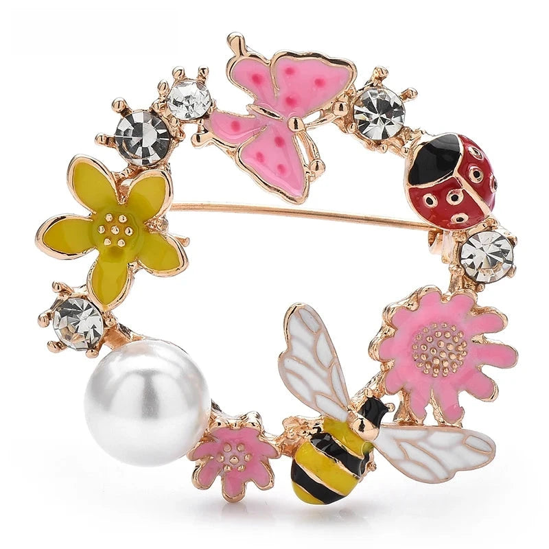 Butterfly and Bee Garden Wreath Brooch — Multicolor