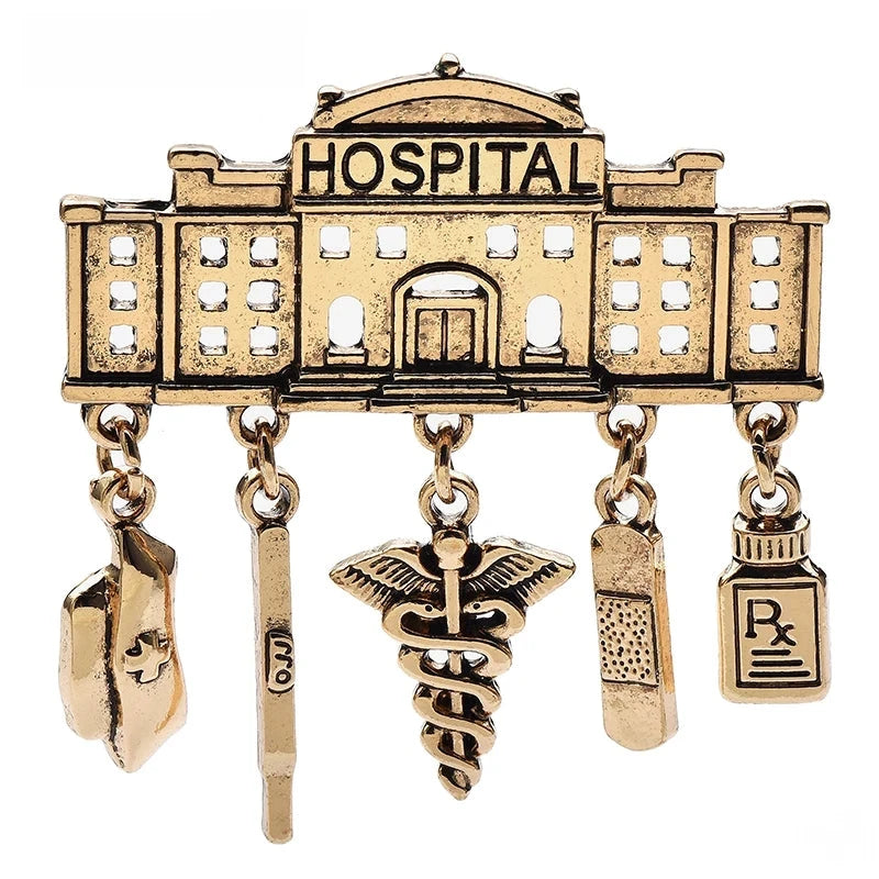 Hospital with Medical Charms Brooch — Gold
