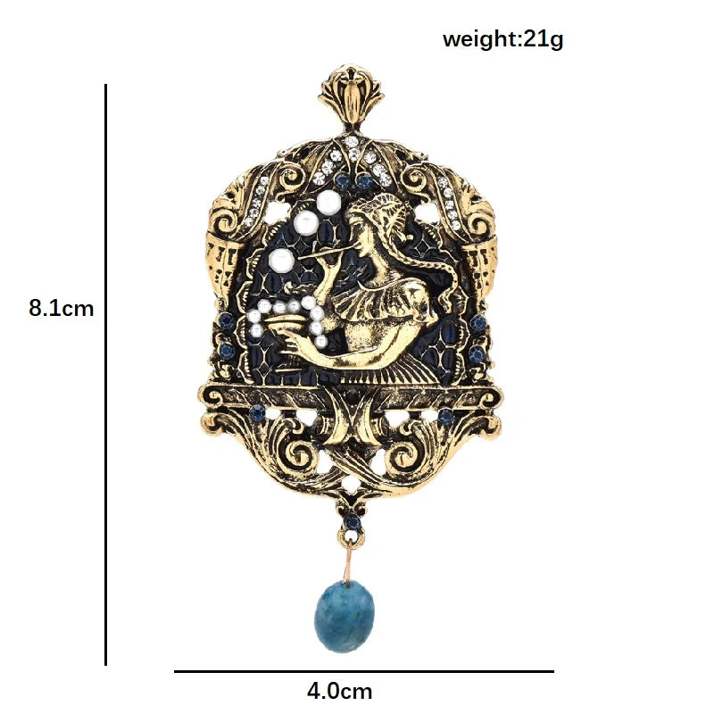 Art Nouveau Woman Blowing Bubbles with Blue Drop Brooch — dimensions