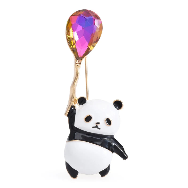 Enamel Panda Holding a Jewel Balloon Brooch