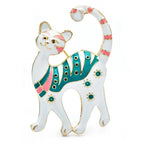 Enamel Cat with Floral Pattern Brooch — White