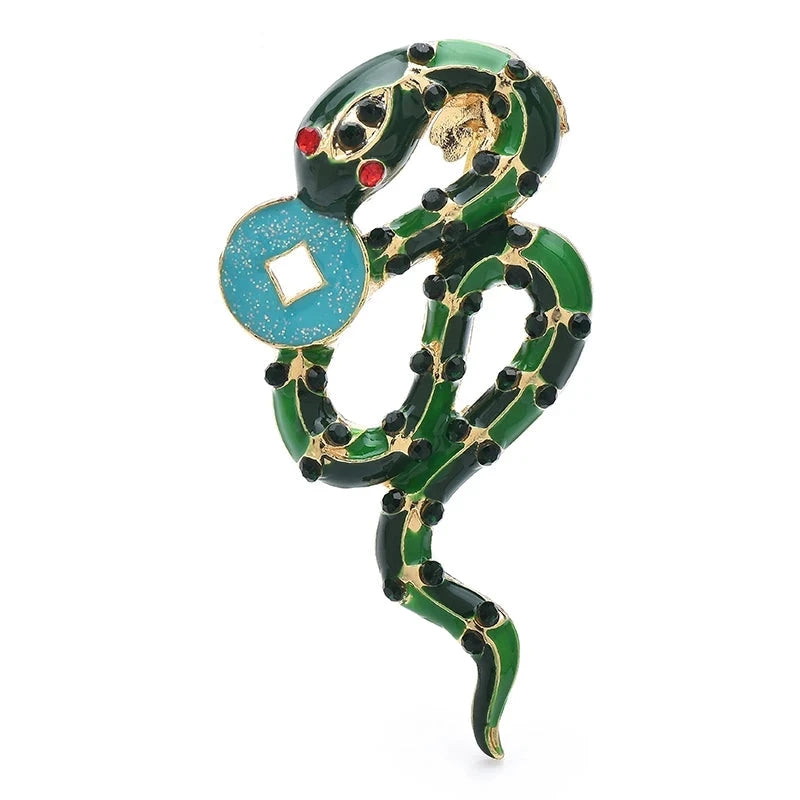 Enamel Snake with Colorful Stone Brooch — Green & Blue