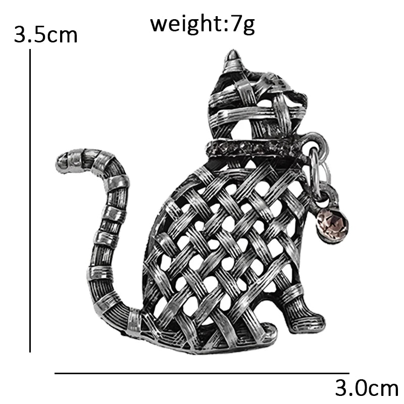 Woven-Look Cat with Dangling Collar Charm Brooch