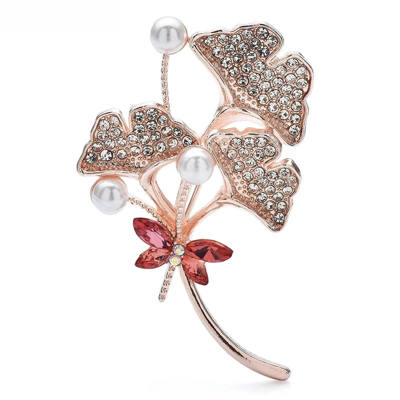 Ginkgo Branch with Jeweled Dragonfly Brooch — Pink