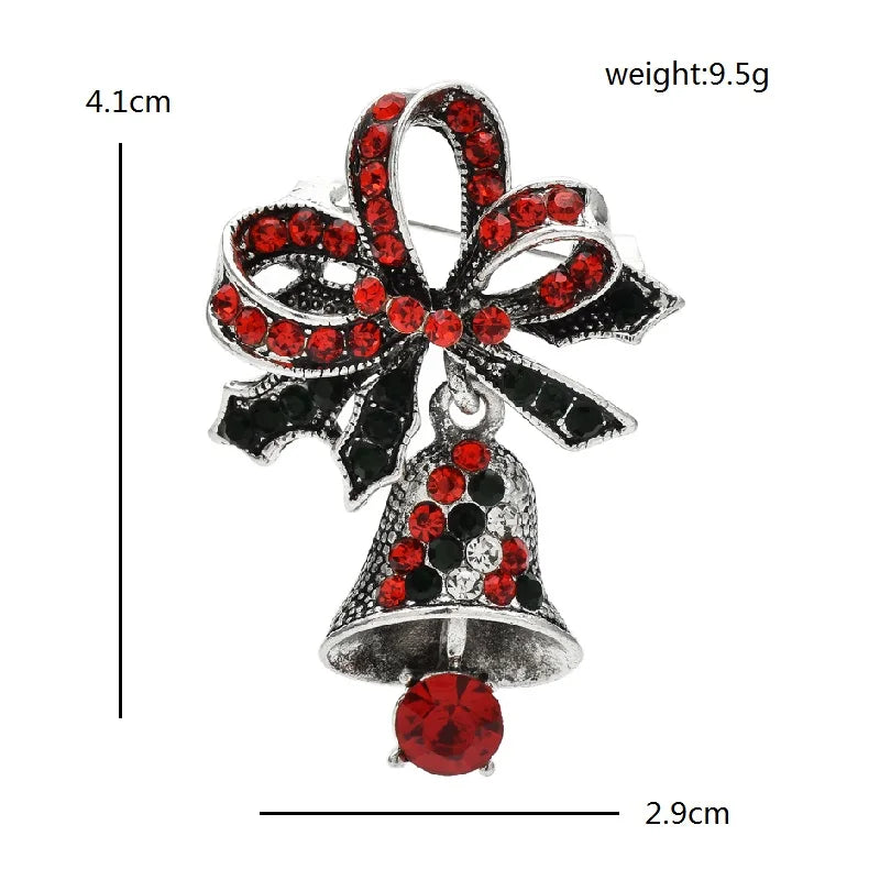 Jeweled Christmas Bell with Red Bow Brooch — dimensions