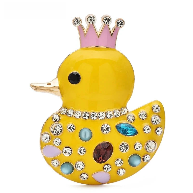 Crowned Enamel Duck with Rhinestones Brooch — Yellow