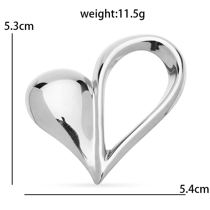 Polished Asymmetric Open Heart Stainless Steel Brooch — dimensions