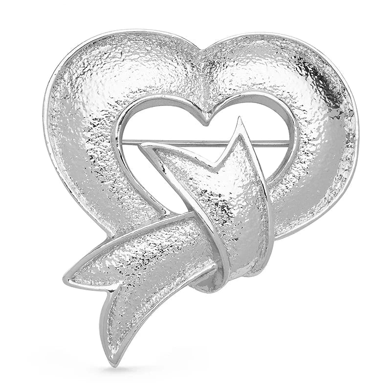 Matte Heart with Bow Brooch — Silver