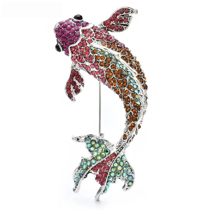 Jeweled Swimming Koi Fish Brooch — Multicolor