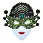 Jeweled Masquerade Face with Enamel Lips Brooch — Green