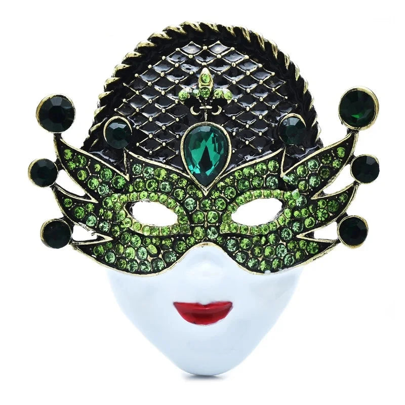 Jeweled Masquerade Face with Enamel Lips Brooch — Green
