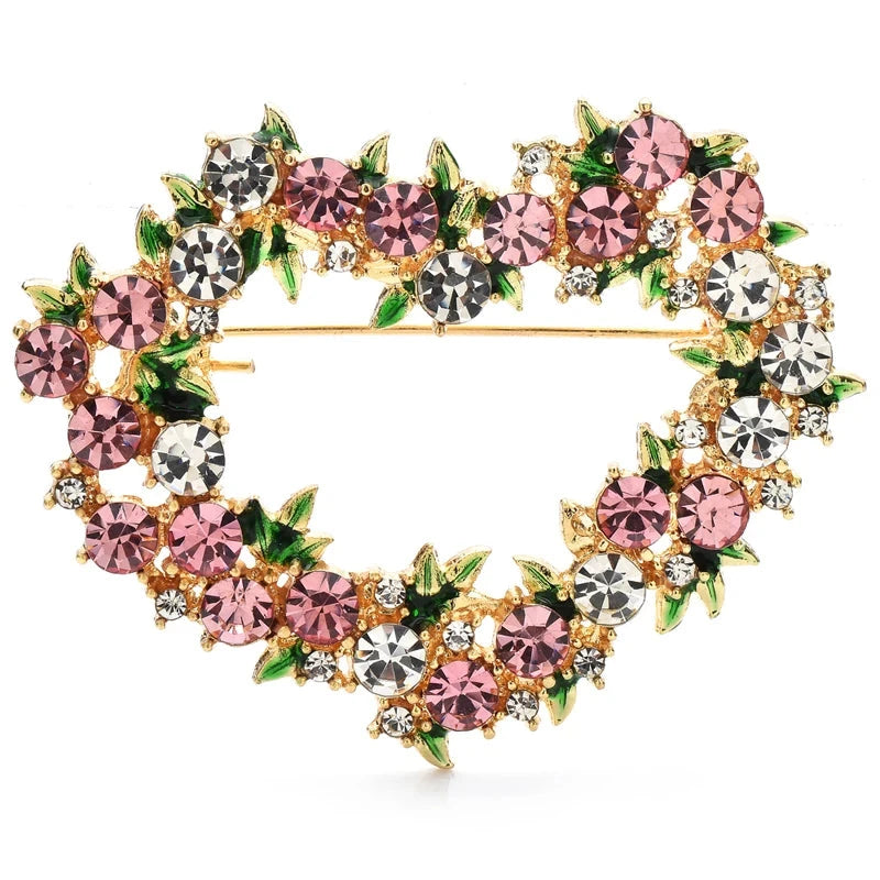 Jeweled Floral Heart Wreath Brooch — Pink