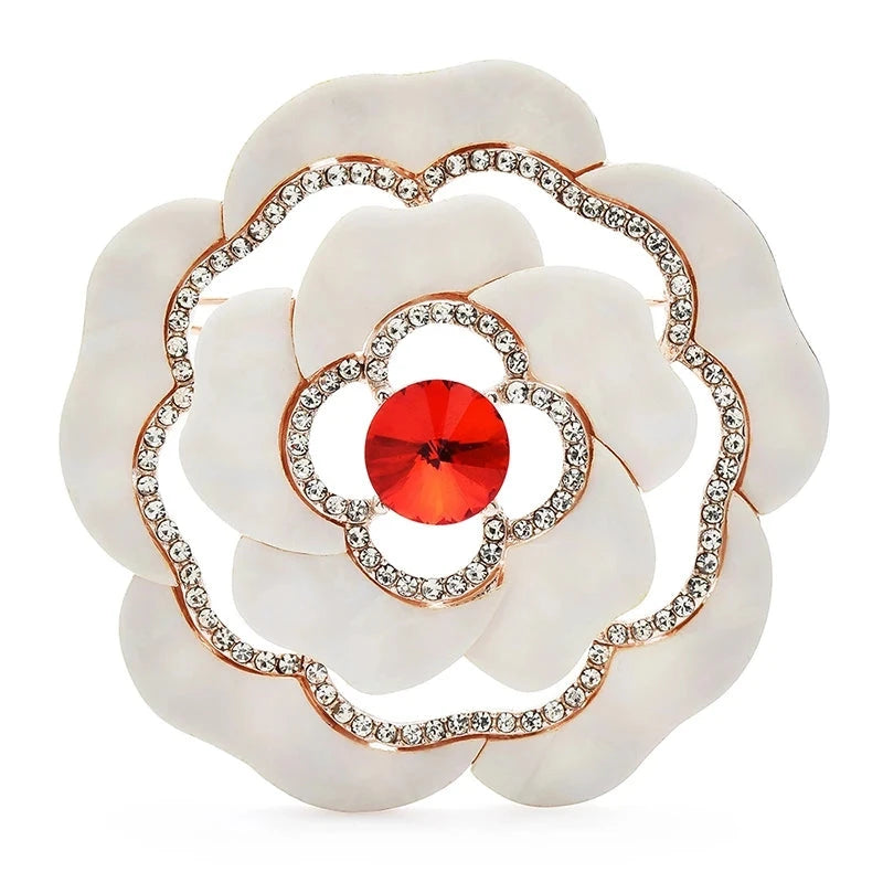 Layered White Flower with Faceted Center Brooch — Red