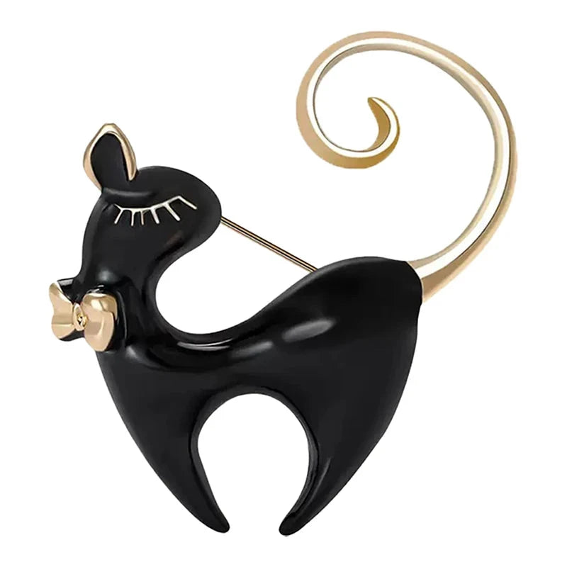Enamel Cat with Curled Golden Tail Brooch — Black