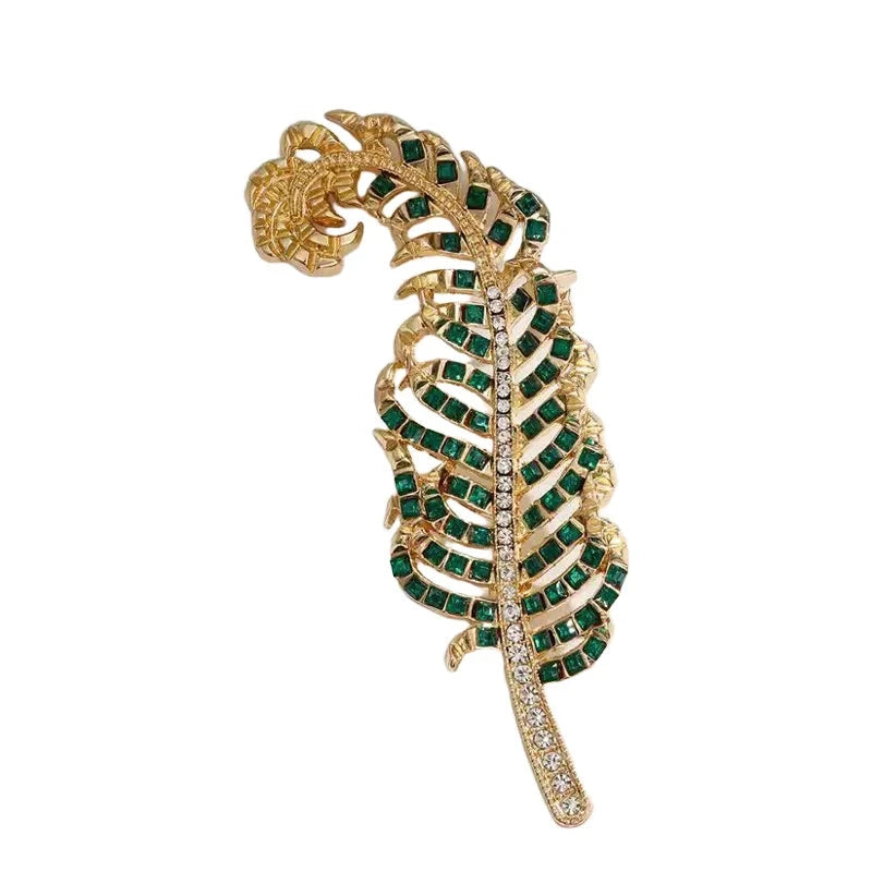 Vintage-Style Rhinestone Feather Brooch — Green
