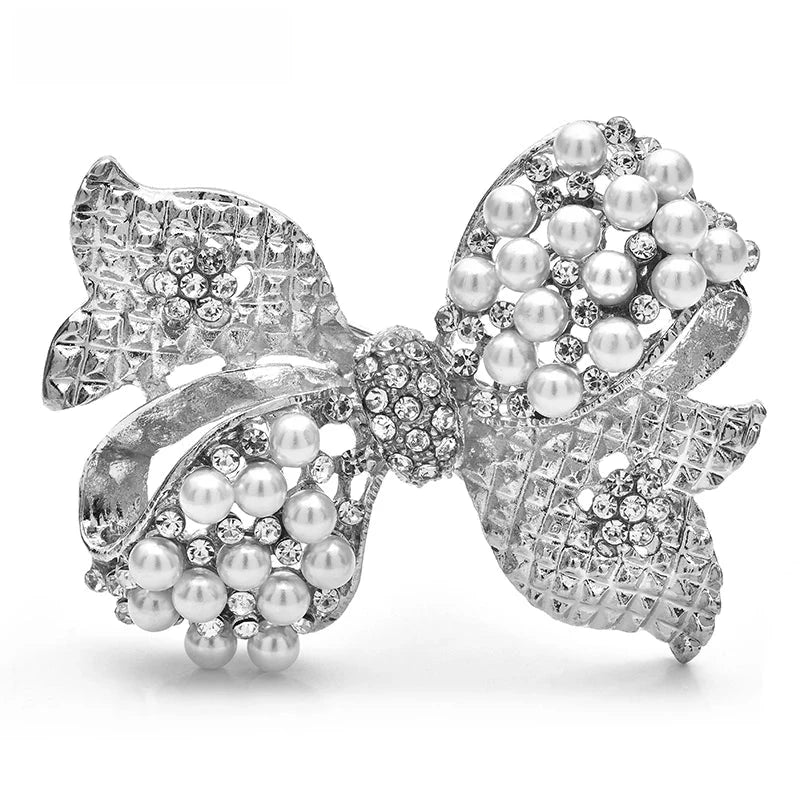 Rhinestone Bow with Pearl-Look Accents Brooch — Silver