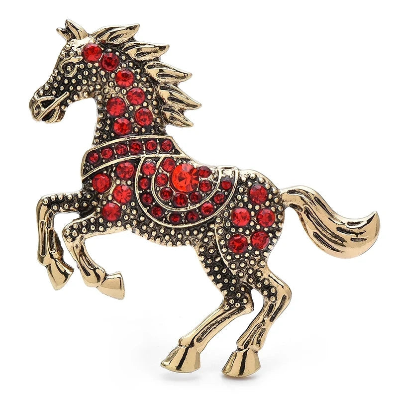 Jeweled Galloping Horse Brooch — Red