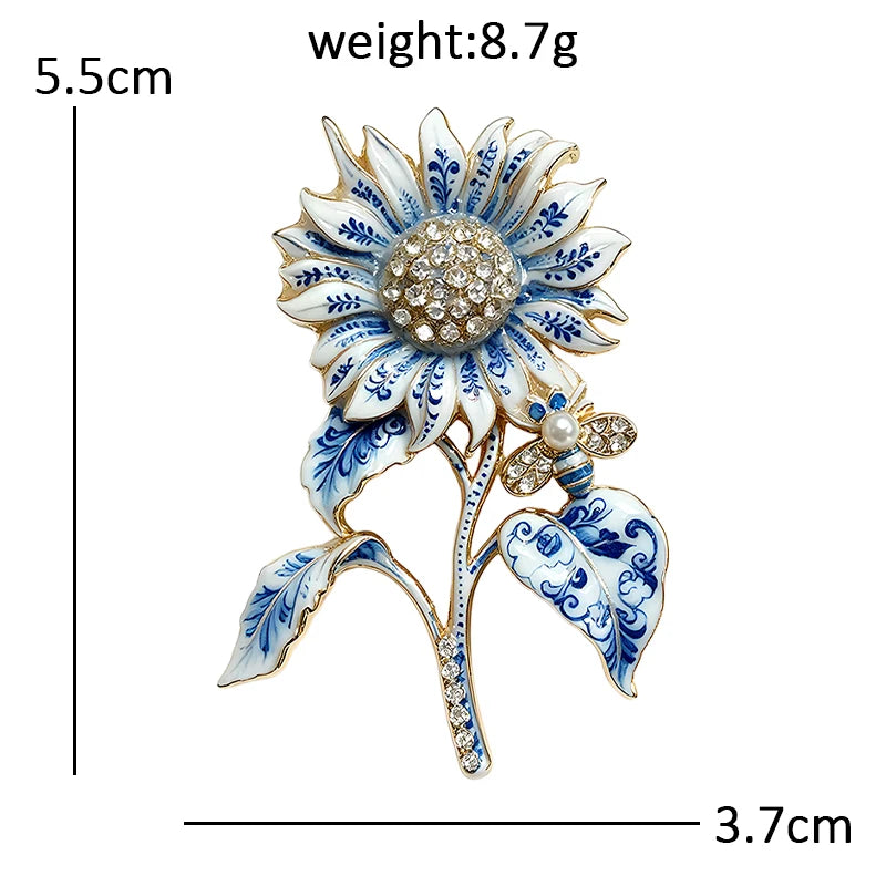 Blue and White Sunflower with Bee Brooch