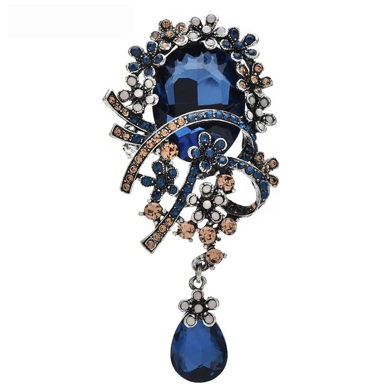Vintage-Style Floral Crest with Teardrop Brooch — Blue