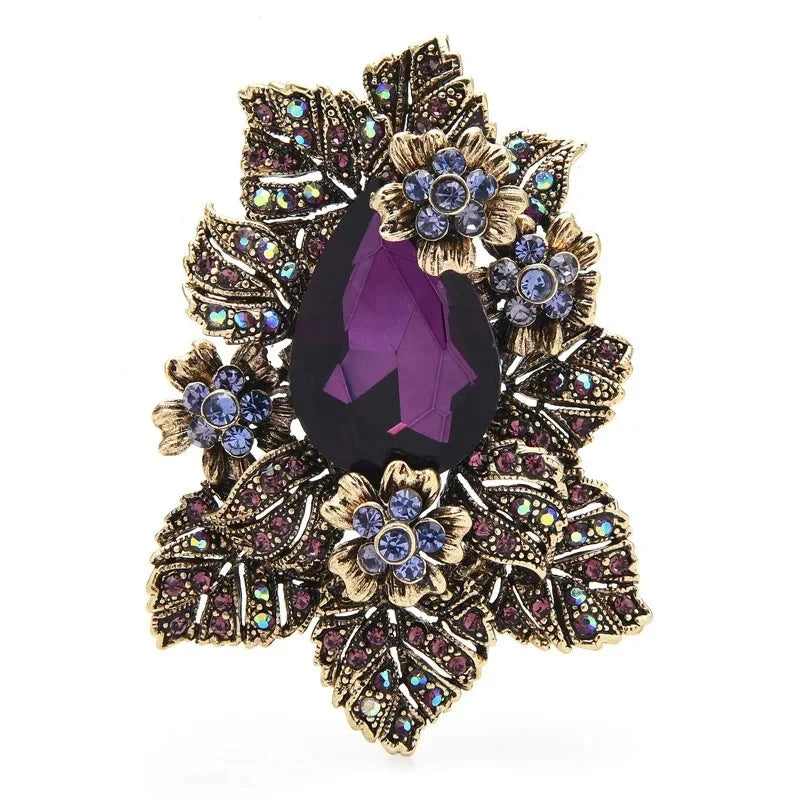 Vintage-Style Floral Cluster with Teardrop Center Brooch — Purple