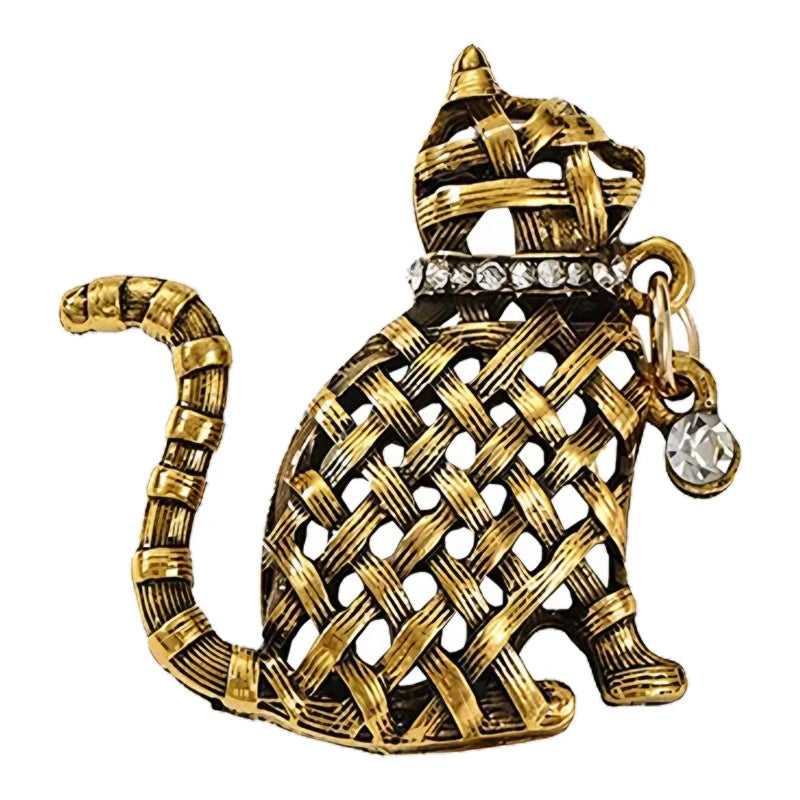 Woven-Look Cat with Dangling Collar Charm Brooch original white background product photo