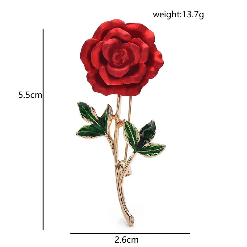 Red Enamel Rose with Green Leaves Brooch — dimensions