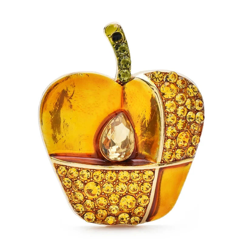 Enamel Apple with Patchwork Rhinestones Brooch — Yellow