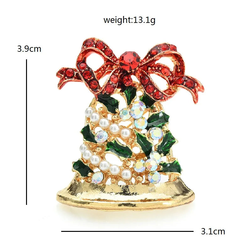 Jeweled Christmas Bells and Holly Brooch