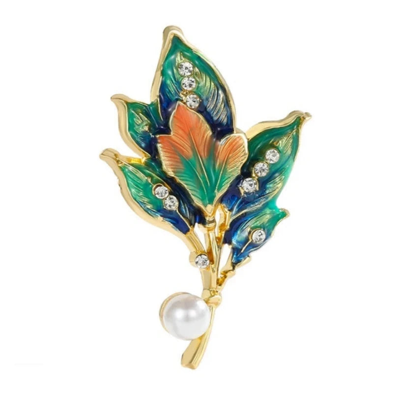 Enamel Leaf Cluster with Pearl-Look Drop Brooch — Blue