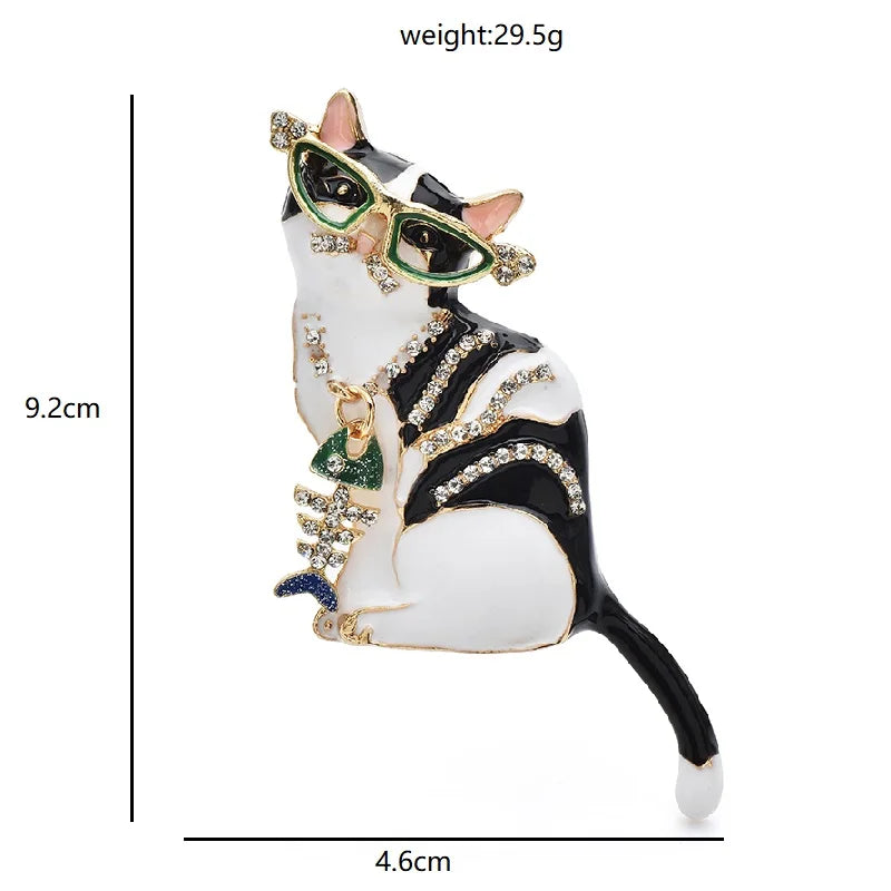 Enamel Cat with Sunglasses and Fishbone Necklace Brooch dimensions and weight